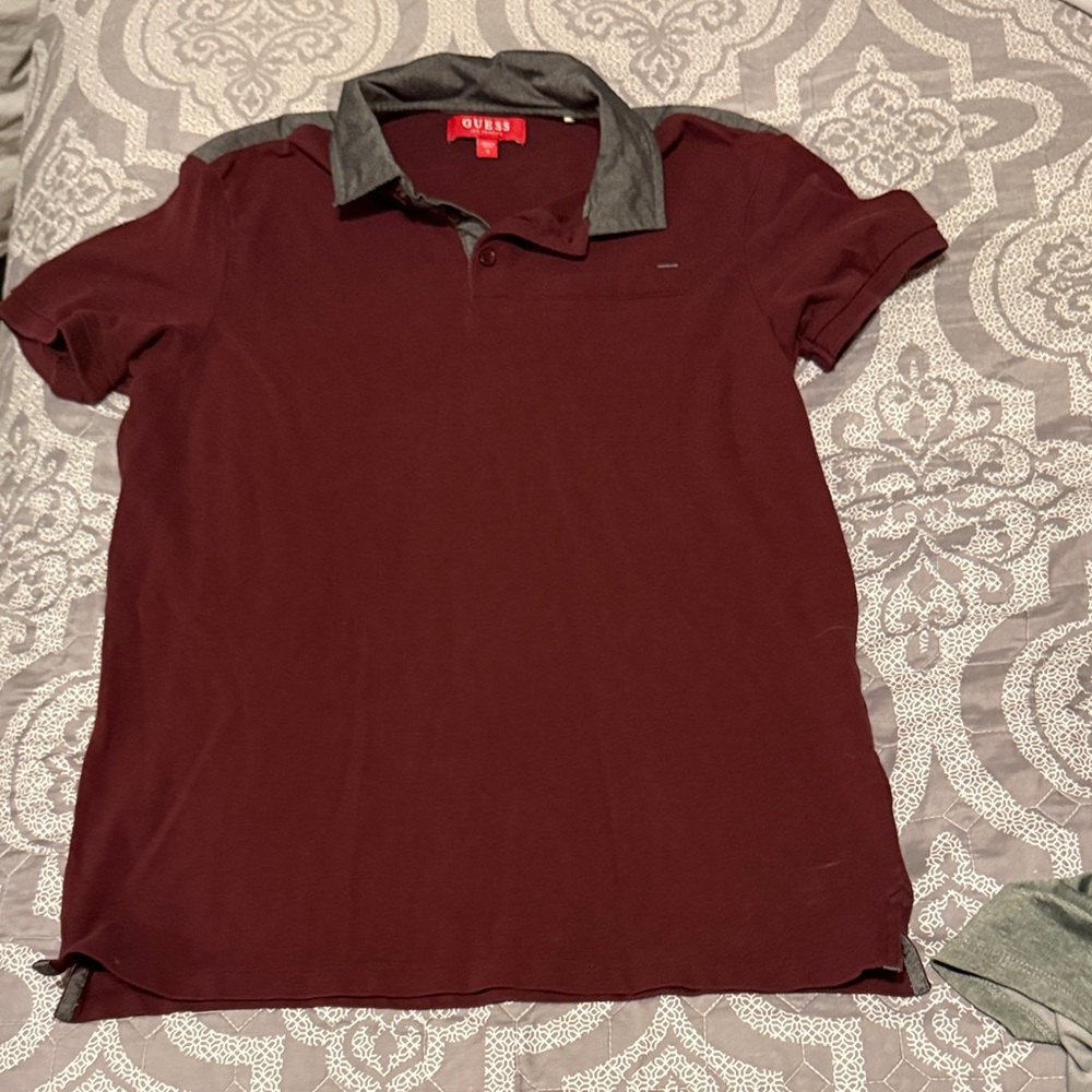 GUESS Men's Maroon Polo with Contrast Gray Collar